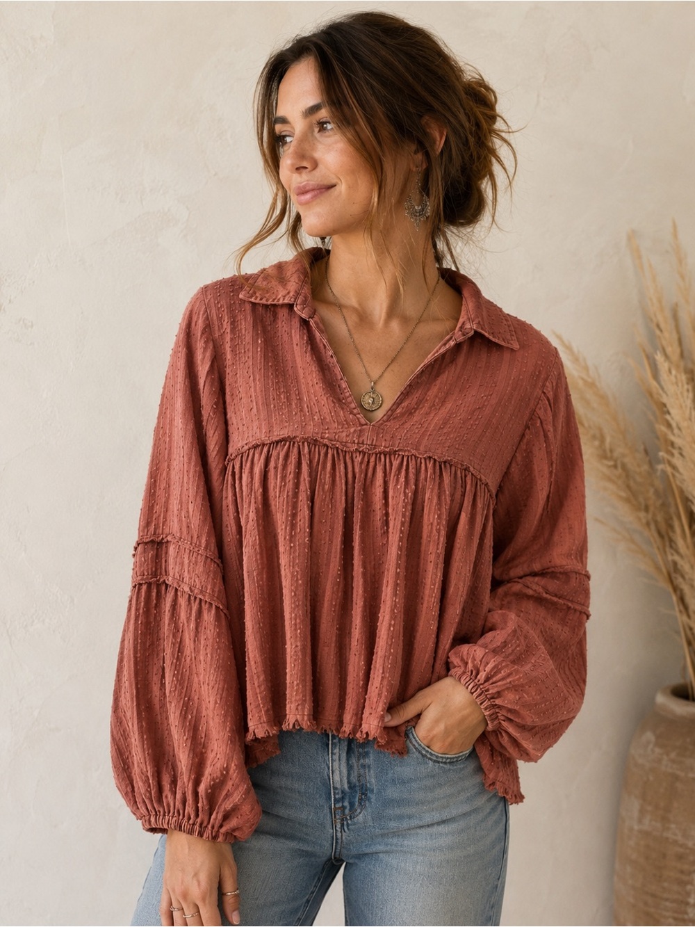 Böhme Rust Swiss Dot Textured Babydoll Blouse Balloon Sleeve Boho Top M